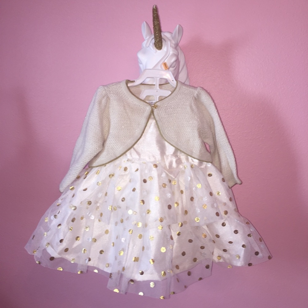 Ivory holiday dress and sweater w Gold polka dots